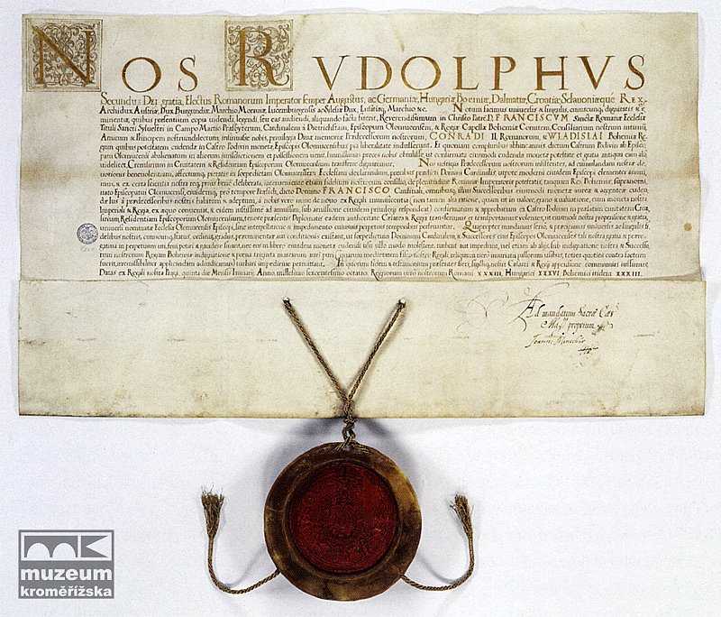 Privilegium císaře Rudolfa II. o obnově mincovního práva olomouckých biskupů, 1608 | Zdroj: Muzeum Kroměřížska