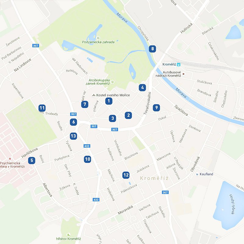 Mapa parkovišť v Kroměříži