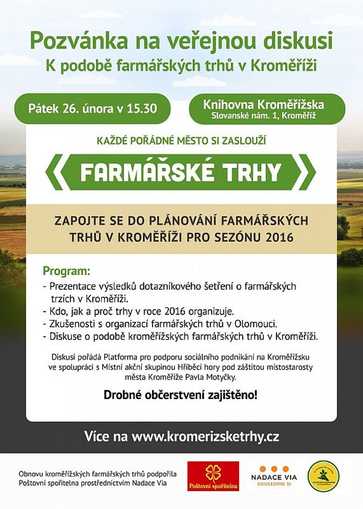 Pozvánka na veřejnou diskuzi k podobě farmářských trhů v Kroměříži
